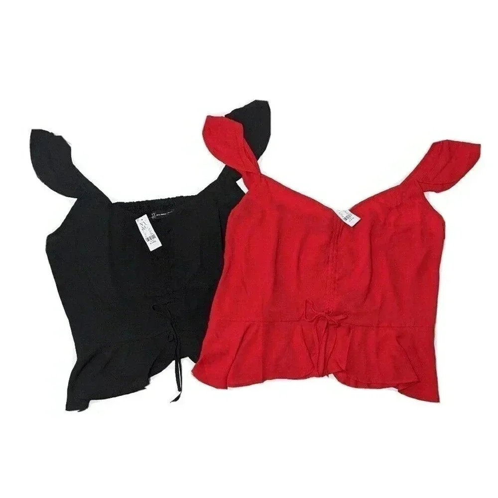 New York & Company Lot of 2 Red Black Sleeveless Smocked Flutter Sleeve Top XL